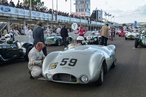 The 1954 Cooper T33 of Derek Hood takes its place on the grid ahead of Sunday's Freddie March Memorial Trophy race