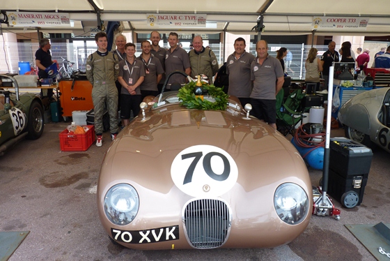 The team celebrate the Jaguar Heritage Racing C-Type's second consecutive win at the Monaco Historique