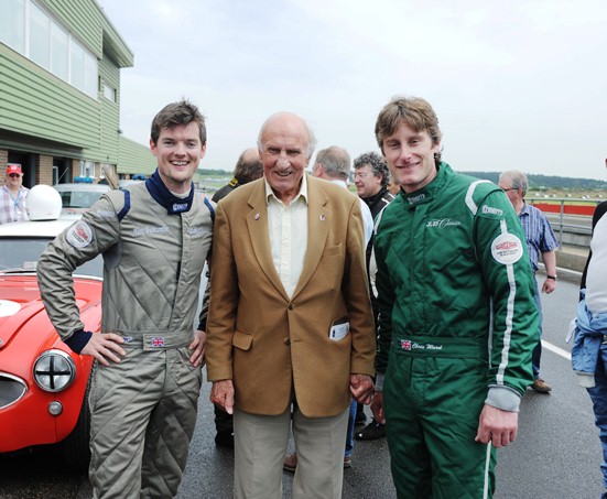 Chris Ward and Alex Buncombe receive their winners trophies from motor racing legend Jack Sears, of whom this year's 3-Hour Race paid homage.