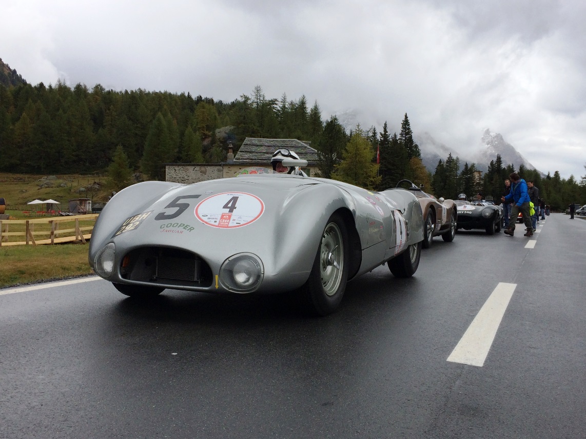 The C-Type and Cooper T33 prepare for their first run up the famous Bernina Pass