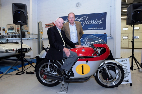 John Surtees poses on the MV Augusta which he rode to the 1956 500cc World Championship