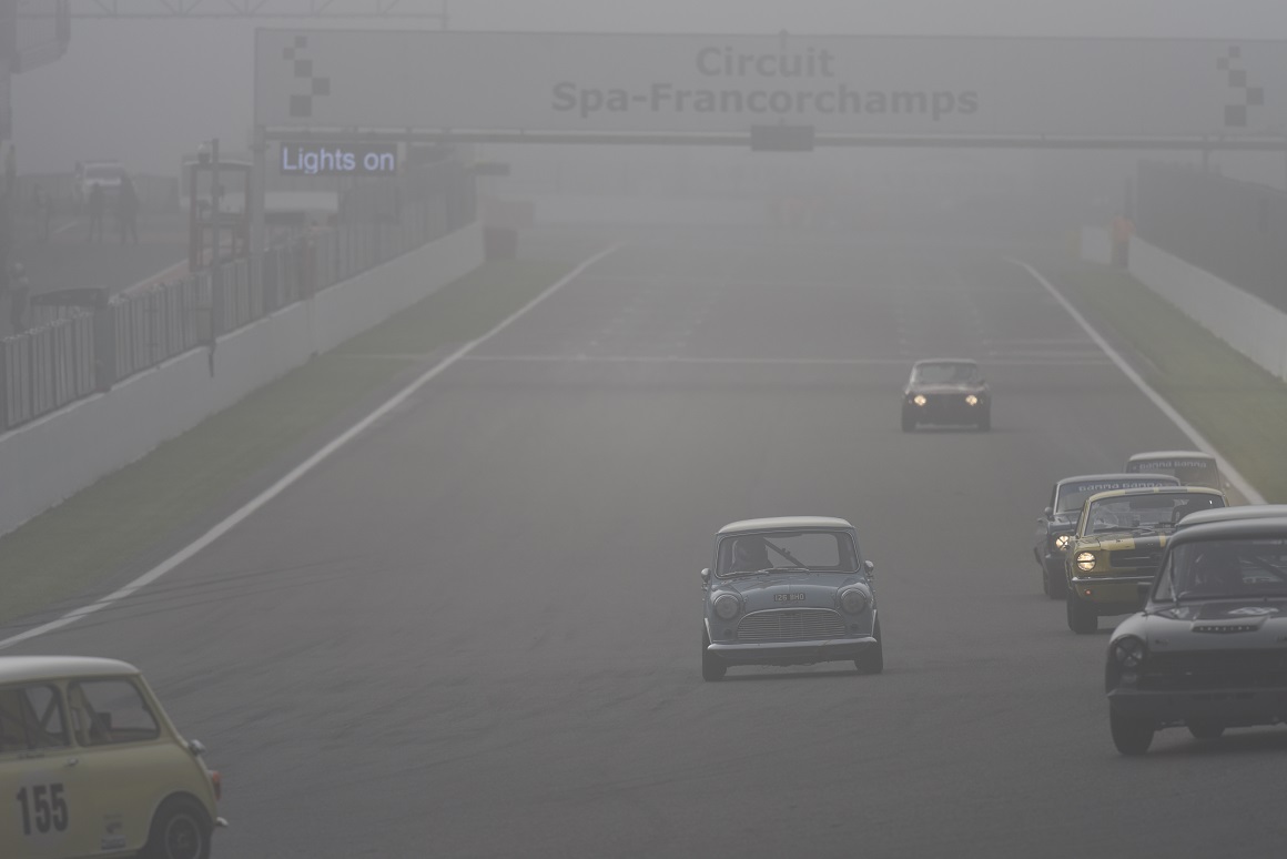 The Austin Mini Cooper of Nick Riley and Ben Short battled treacherous fog and a problematic distributor to finish 33rd in Saturday morning's Masters pre-66 Touring Car race.